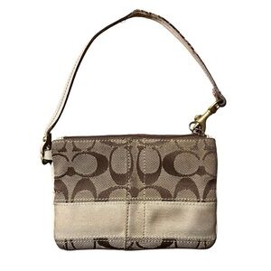 COACH 40028 Legacy Stripe Khaki & Champagne Tan Signature & Leather Wristlet